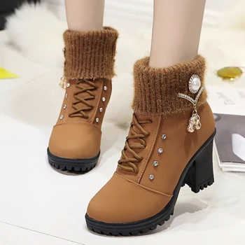 Новые женские ботинки Зимние уличные Теплые меховые ботинки Водонепроницаемые женские зимние ботинки на толстом каблуке с круглым носком Короткие ботинки Zapatos