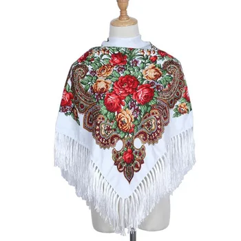 Осенне-зимний хлопковый шарф в русском национальном стиле, Набивной шарф, Новая женская квадратная многофункциональная шаль с бахромой