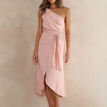 Платье для выпускного вечера, Женское Розовое Летнее Сексуальное платье Миди с асимметричными рюшами на одно плечо, платья для вечеринок, Бандажный халат большого размера 2023 г.