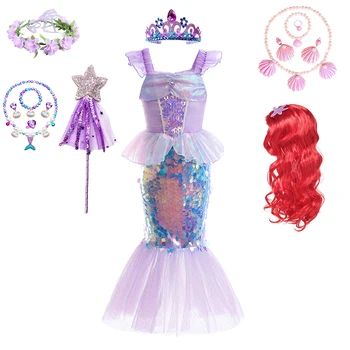 Платье Русалки для девочек, нарядное платье на Хэллоуин, косплей-вечеринка, платье Ариэль, наряд принцессы без рукавов с блестками, вечернее платье