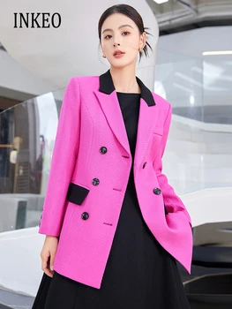 Плюс размер Женский двубортный блейзер Тонкий 2023 Осень зима Высококачественная куртка контрастного цвета Элегантное пальто INKEO 3O102