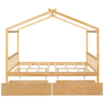Полноразмерная домашняя кровать с двумя выдвижными ящиками для детей, кровать-платформа из массива дерева для гостиной, натуральная