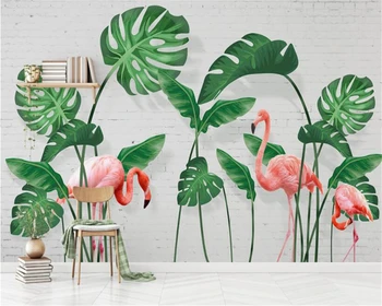 Пользовательские фрески Обои Ручная роспись зеленые листья тропический лес фламинго фото 3D обои фрески из папье-маше