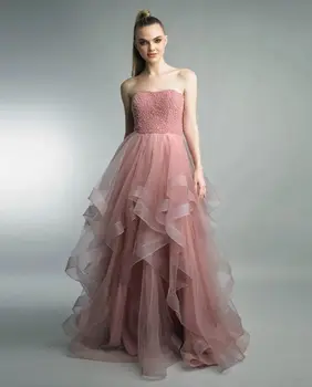 Пыльно-розовые платья для выпускного вечера, женское макси-платье без бретелек, расшитое бисером, платье с многоуровневыми оборками, платье для вечеринки по случаю дня рождения, Индивидуальное платье Vestido de Novia