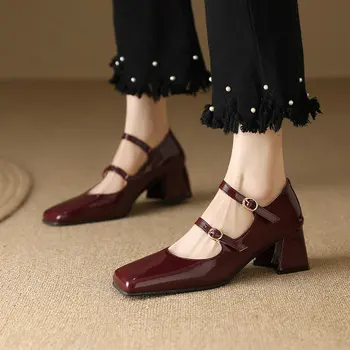 Размер 33-48, Бордово-серебристая женская роскошная обувь, Двойная пряжка, ремешок с закрытым носком, массивные каблуки, Туфли-лодочки Mary Janes в стиле ретро