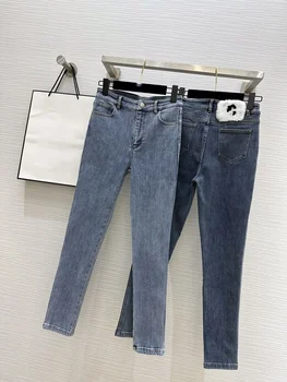 ранняя весна, узкие джинсы-карандаш с логотипом, пушистый модный высокоэластичный выстиранный деним для похудения модных брендов