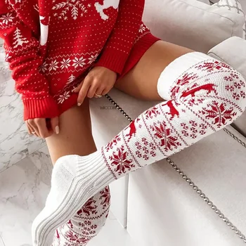 Рождественские вязаные шерстяные чулки с перекрестной каймой для женщин, жаккардовые носки в пол с ворсом 