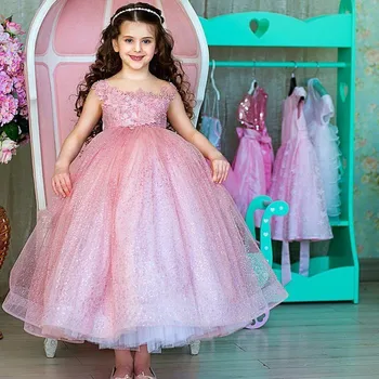 Розовое кружевное бальное платье из тюля, платья для девочек-цветочниц на свадьбу Длиной до щиколоток С жемчугом, одежда для детского конкурса красоты, Дня рождения.