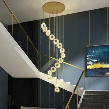 Роскошная хрустальная светодиодная люстра для лестничной клетки гостиной Современные золотые / серебряные светильники для помещений Длинная креативная кольцевая подвесная лампа