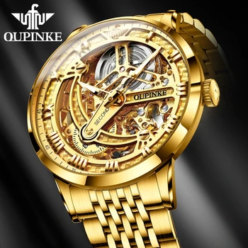 Роскошные мужские часы OUPINKE с автоматическим механическим подзаводом Skeleton 5ATM Водонепроницаемые наручные часы из сапфира и вольфрамовой стали