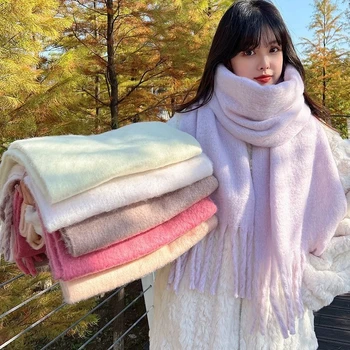 Роскошный кашемировый Яркий однотонный женский шарф, Зимняя шаль и обертка, Бандана, женский платок с кисточками из пашмины, толстое одеяло
