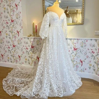 Свадебное платье Vestidos de Noiva С длинными пышными рукавами И кружевными аппликациями, V-образный вырез с открытыми плечами, 2023 Свадебное платье, вечерние платья