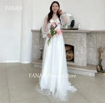 Свадебные платья-двойки FANAN Korea цвета слоновой кости с пышными рукавами 웨딩드레스 Трапециевидный вырез лодочкой, жемчуг, атласные платья для невесты на заказ, большие размеры