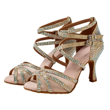 Серебряные танцевальные туфли Обувь для латиноамериканских танцев для взрослых Профессиональная танцевальная обувь инкрустированная бриллиантами взрослая женщина на высоких каблуках Золотое кружево 7,5 см