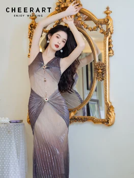Сетчатые фиолетовые элегантные платья CHEERART для женщин 2023 Без рукавов с V-образным вырезом, Жемчужное облегающее Прозрачное Длинное женское платье Миди