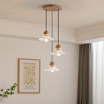 Современный стеклянный подвесной светильник Японский деревянный светодиодный подвесной светильник Nordic Lustre для кухни, столовой, кафе, домашнего декора, люстра E27