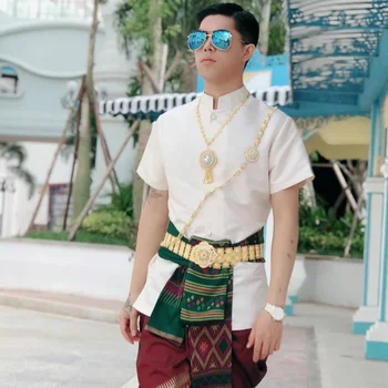 Таиланд Традиционная одежда для мужчин с короткими рукавами, Лето, Лаос Ахом Шан, Тайские обычаи, Азиатская одежда, Этнический стиль, Мужчины, Таиланд