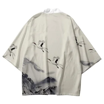 Традиционное Кимоно с принтом Журавля в японском стиле, мужские Рубашки-кардиганы Юката, топы уличной одежды Haori для косплея