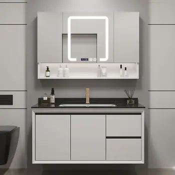 Умный шкаф для ванной комнаты, окрашенный дубом, в сочетании с каменной плитой, один умывальник, туалет, стол для мытья посуды, ванная комната