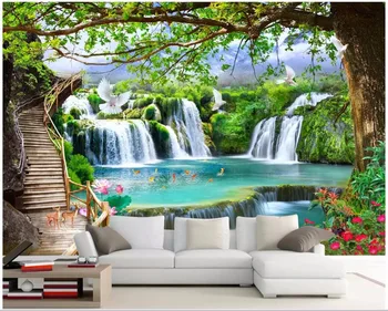 фото на заказ, 3D обои, Зеленое дерево, лес, картина с водопадом, домашний декор, гостиная, 3d настенные фрески, обои для стен, 3D