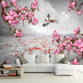 Фотообои в стиле ретро с розовыми цветами и птичьим пейзажем нестандартного размера для спальни, гостиной, ТВ-фона, флизелиновой бумаги, 3D