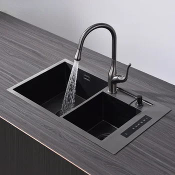 Черная кухонная двойная раковина с интеллектуальной очисткой, Утолщенный SUS304, убивающий бактерии для резервуара для мытья фруктов и овощей