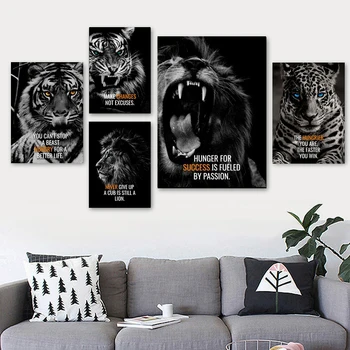 Черно-белое животное, Лев, Тигр, Мотивационное настенное искусство, Картина на холсте, Вдохновляющие Позитивные цитаты, Плакаты, печать Office Home Deco