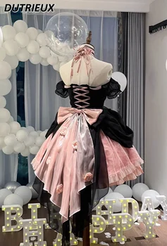 Черно-розовое цветовое платье с открытыми плечами в стиле Лолиты, Милое, милое, для девочек, платья принцессы с пышным шлейфом для тяжелой промышленности