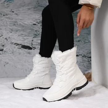 2023 Женские зимние ботинки, хлопчатобумажная обувь, водонепроницаемые и нескользящие уличные шерстяные сапоги средней высоты, женские ботинки, женская обувь