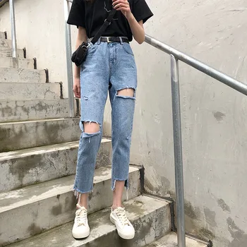 S-XL весна-лето 2023, женские прямые джинсовые брюки с дырками в корейском шикарном стиле, рваные джинсы с высокой талией для женщин (78163)