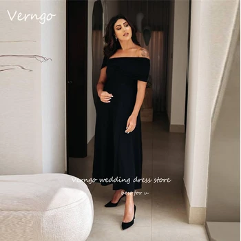 Verngo Простые черные Дубайские арабские вечерние платья с открытыми плечами, короткие рукава, длина миди, платья для выпускного вечера, вечерние платья для мероприятий