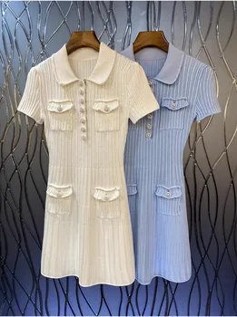 Высококачественное трикотажное платье 2024, весенне-летний стиль, женский отложной воротник, пуговица с бисером, короткий рукав, сине-белое платье-свитер