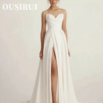 Длина для женщин Элегантное Пляжное свадебное платье в форме сердца 2024 года, простые атласные свадебные платья в складку с разрезом в пол, Robe De Mariee