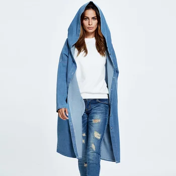 Женская джинсовая куртка с капюшоном, Длинное джинсовое пальто, Ветровка, Свободная, Модная, Осень, Зима
