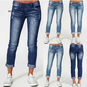 Женские узкие джинсы с высокой талией, лето-осень, повседневные рваные манжеты, стрейчевые узкие брюки-карандаш длиной до щиколоток