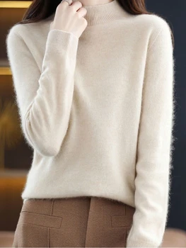 Женский кашемировый свитер с полувысоким воротником, теплые базовые пуловеры, женский осенне-зимний однотонный джемпер