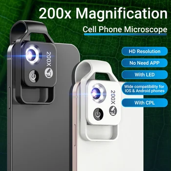 Объектив микроскопа APEXEL с 200-кратным увеличением Без CPL Мобильные мини-карманные макрообъективы со светодиодной подсветкой для iPhone Все смартфоны черного цвета