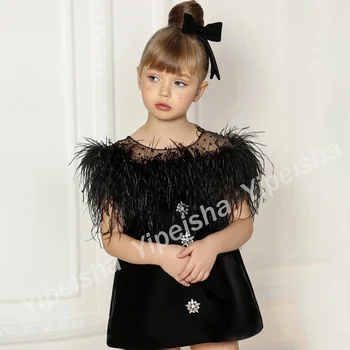 Черное платье в цветочек с перьями, круглый вырез, Короткие рукава, тюль, бархатное праздничное платье в горошек, Мини для детей